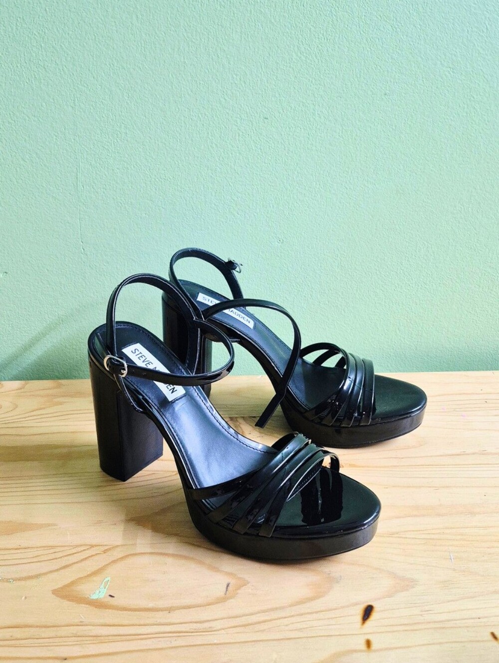 Steve Madden Black Patent Strappy Platform Heels